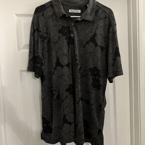 Tommy Bahama Polo Shirt Mens XL Black Gray Hawaiian Floral AOP Tencel Blend